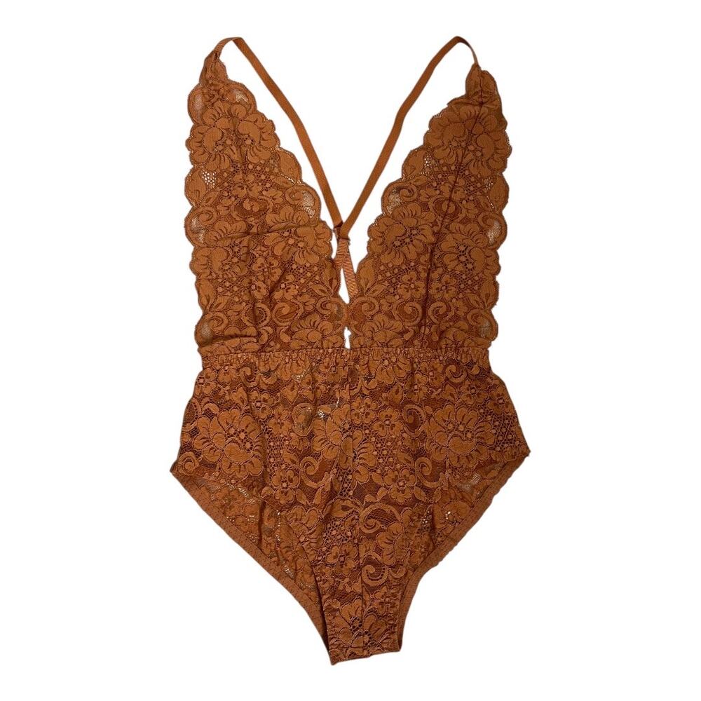 Free People Rust Lace Plunge Bodysuit